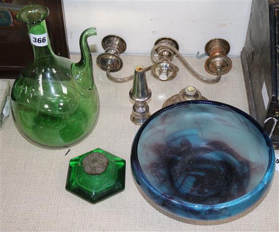 A green glass bottle, an ink bottle, a blue bowl and a plated candelabra (a.f.)